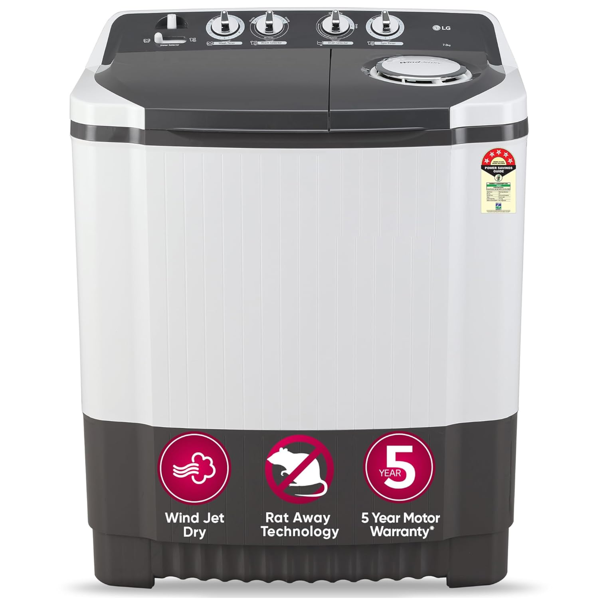 LG 7 Kg 5 Star Wind Jet Dry Semi-Automatic Top Loa...